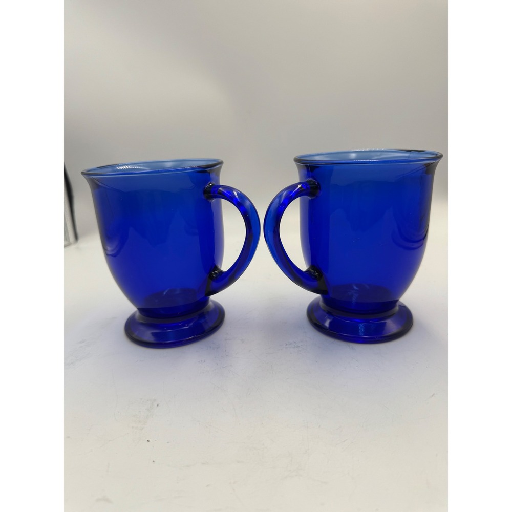 Vintage‎ Cobalt Blue Glass Pedestal Mugs Set of 2 Footed Coffee Tea Cups